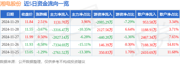 股票行情快报:湘电股份(600416)11月29日主力资金净买入113170万元