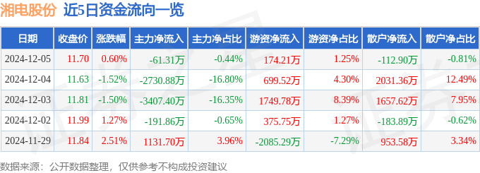 股票行情快报:湘电股份(600416)12月5日主力资金净卖出6131万元