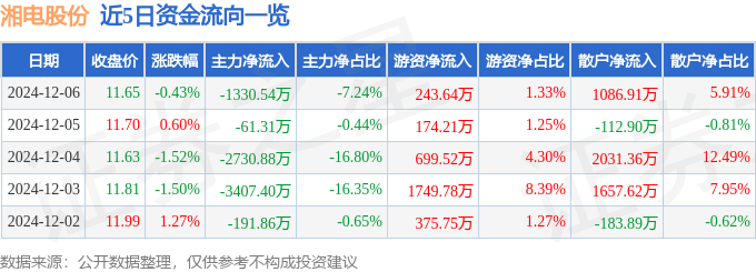 股票行情快报:湘电股份(600416)12月6日主力资金净卖出133054万元
