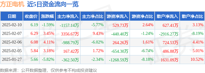 方正电机(002196)2月10日主力资金净卖出115714万元