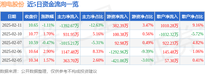 股票行情快报:湘电股份(600416)2月11日主力资金净卖出139267万元